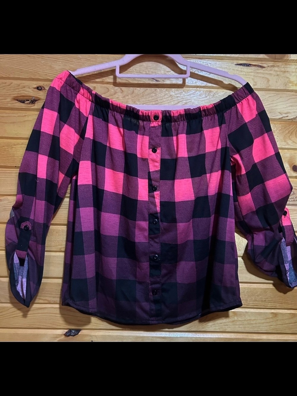 Wishful Park Pink and Black Plaid Off-Shoulder Button-Front Top